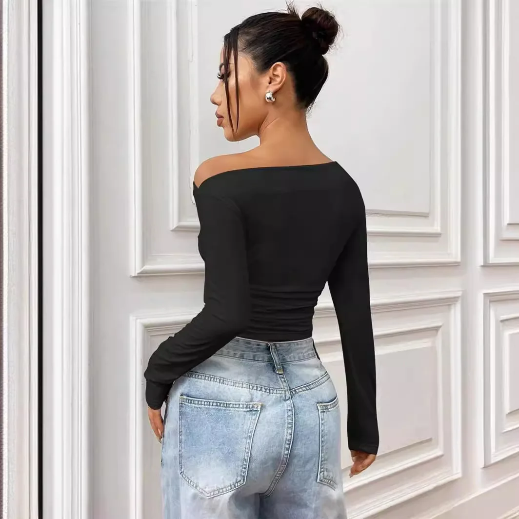 Spring Summer 2024 Women's Slim Fit T-Shirt with Pleats Shoulder Detail Long Sleeve Versatile Casual Fashion Chinese Origin