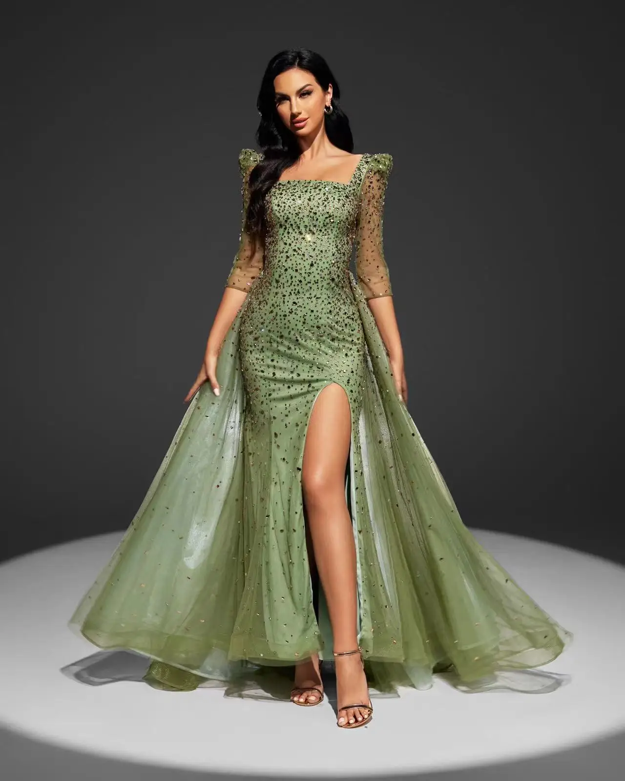 فستان سهرة Shalimar Zhang Green Arabia بأكمام طويلة وحزام فاخر للمضيف حسب الطلب