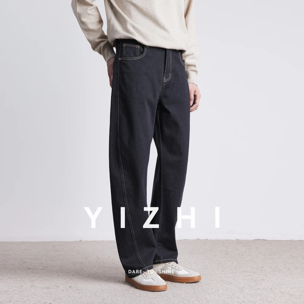 موضة ريترو الدينيم الجينز الرجال ربيع الخريف جديد مستقيم متعدد جيب فضفاض عادية منتصف الخصر بنطلون جينز رجالي