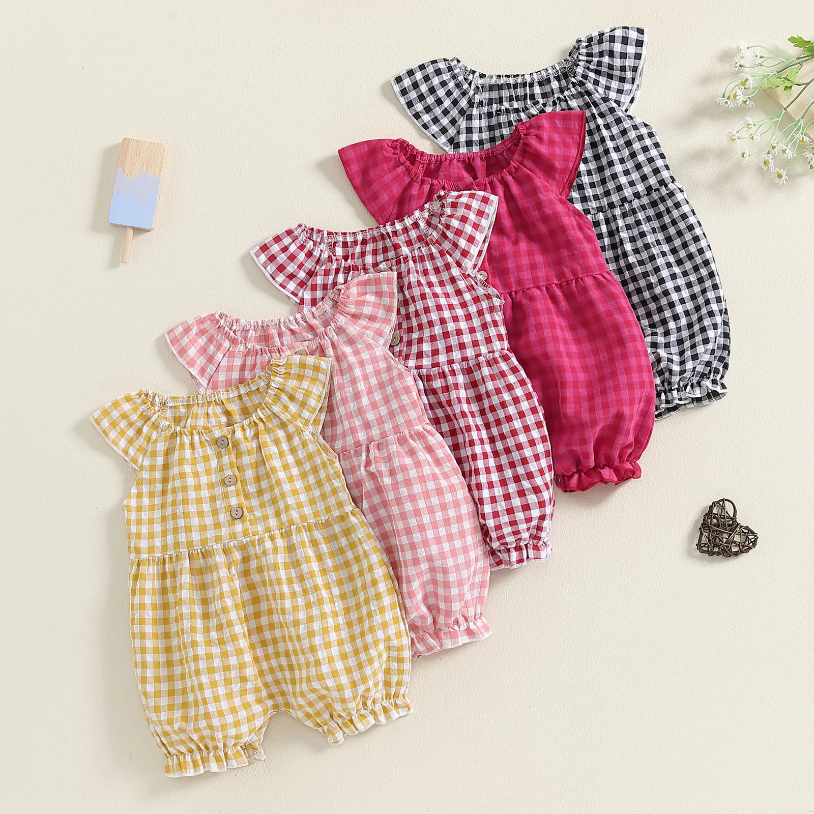 

Baby Girl Plaid Romper Jumpsuit For Newborn Button Up Overalls Infant Ruffle Sleeve Bodysuit Summer Clothes 0-18M