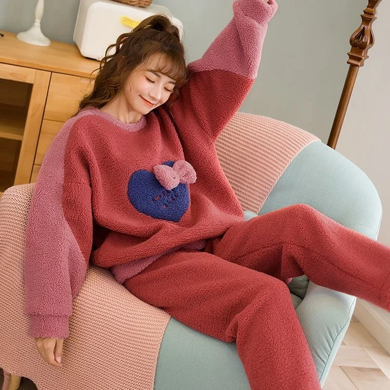 2023 New Sleepwear Women Autumn Winter Thick Plush Loungewear Coral Velvet Double-sided Lamb Down Warm Flannel Homewear Set