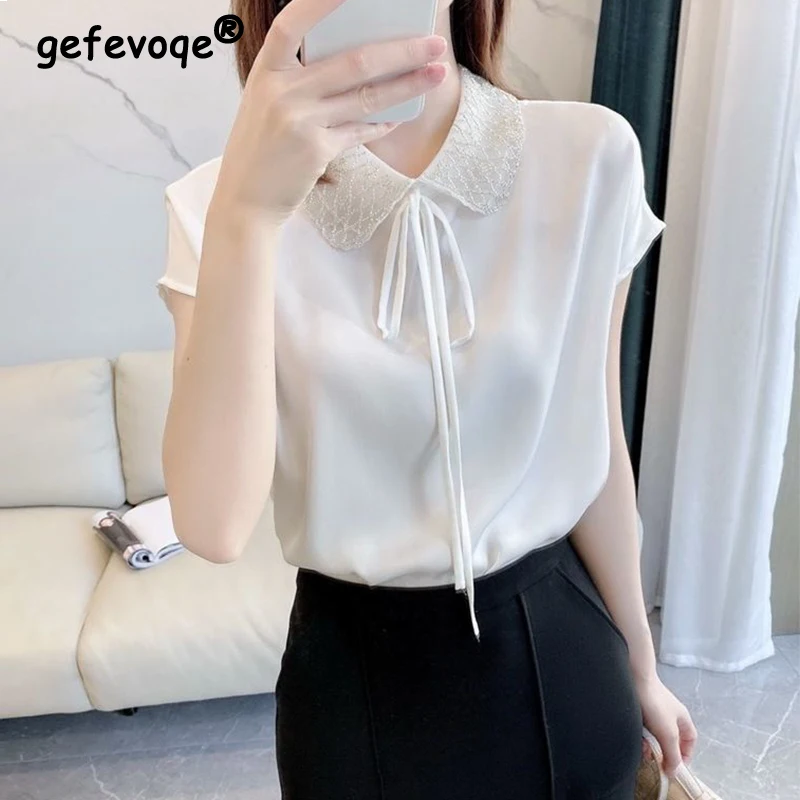 Summer New Lace Patchwork Bandage Satin Shirt Y2K Short Sleeve Solid Elegant Fashion All-match Blouse Female Clothes Top Women