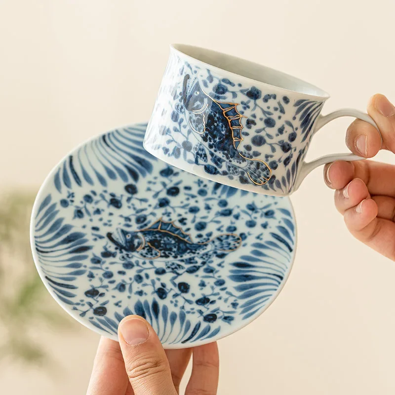 High-grade Blue and White Fish and Algae Pattern Ceramic Coffee Cup Exquisite Mug High Value TeaCup Latte Cup and Saucer Set