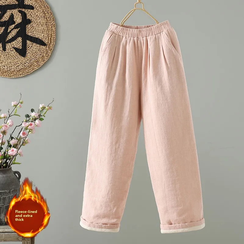 عارضة القطن الكتان مستقيم الساق السراويل رقيقة الدافئة التخسيس ملابس خارجية المرأة واسعة الساق السراويل عالية الخصر السراويل الطويلة