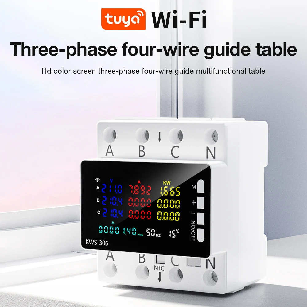 

AC85-290V WiFi Power Meter KWS-306 Three Phase Energy Meter Current Voltage Protector Color Screen Guide Rail Table Factory Use