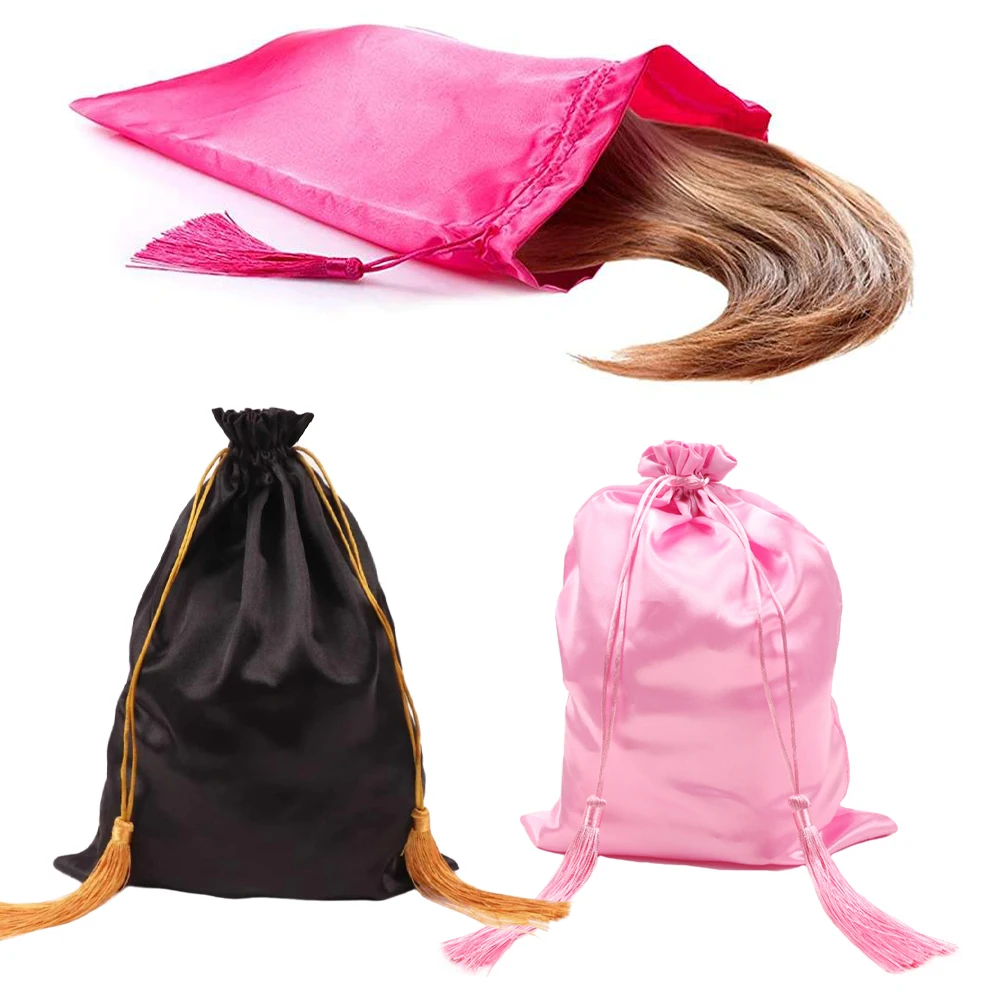 Plussign Satin Bags For Packaging Wig 1Pcs Black Wig Storage Bags With Gold Tassel Travel Bags With Drawstring Tassel 25Cm*35Cm