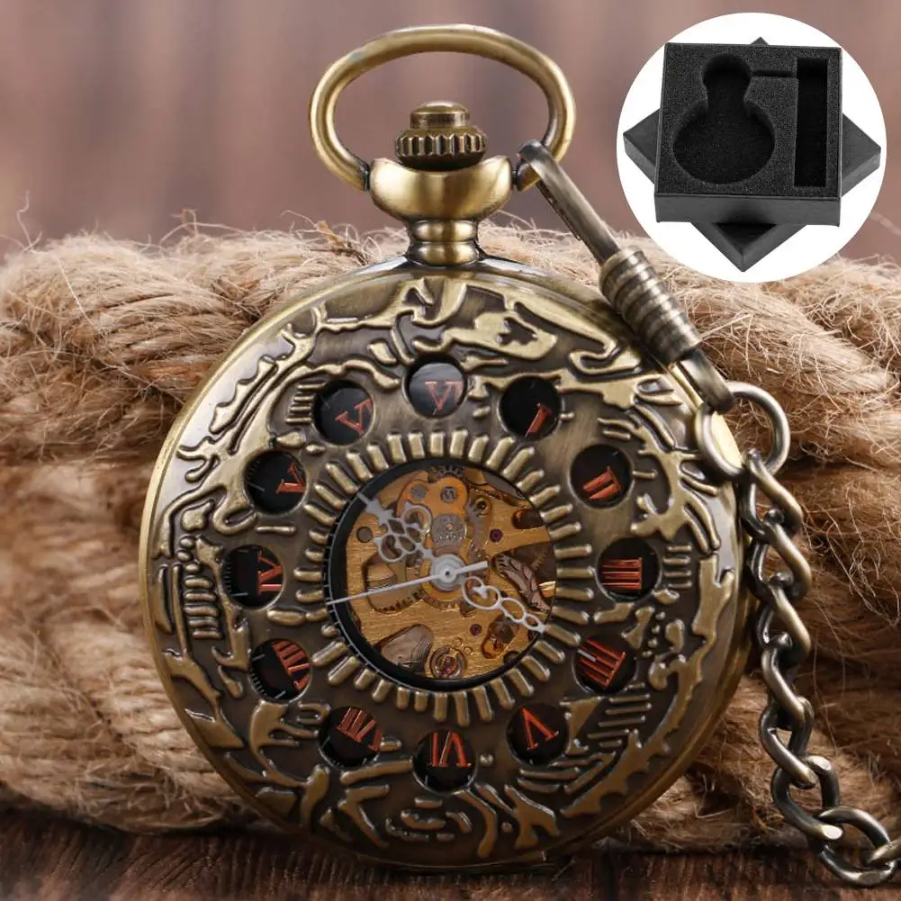 Retro Fashion Mechanical Hand Winding Pocket Watch 12 Hollow Circles Roman Numeral Dial Bronze Chain Pendant Clock Gift for Men
