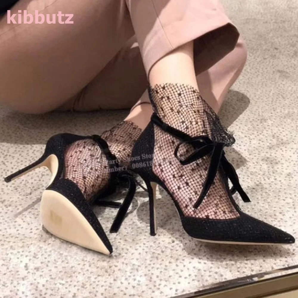 Lace-Up Mesh Sandal Boots Breathable Thin High Heels Pointed Toe Solid Color Black Roman Fashion Elegant Sexy Women Shoes Newest