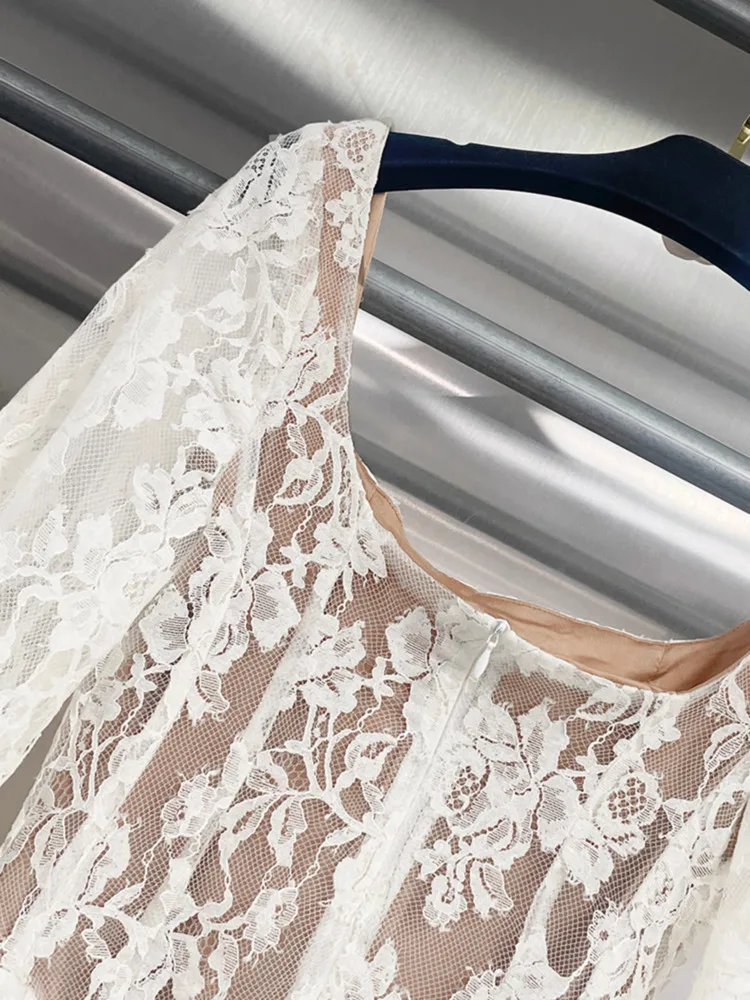 DFDG femmes 2025 élégant concepteur col carré dentelle broderie découpé a-ligne robe printemps été mode fête robe de plage