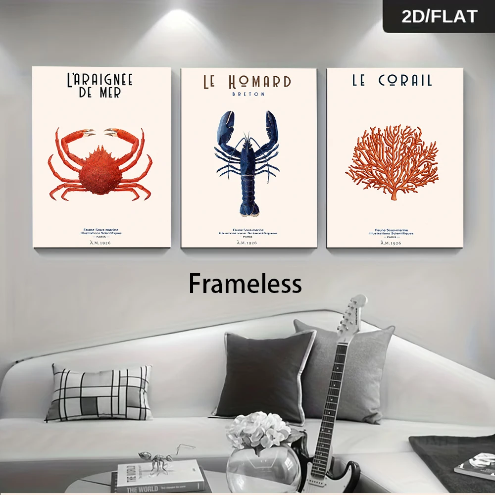 1 set of marine life crab lobster coral triple simple living room sofa background frameless decorative painting 2D plan