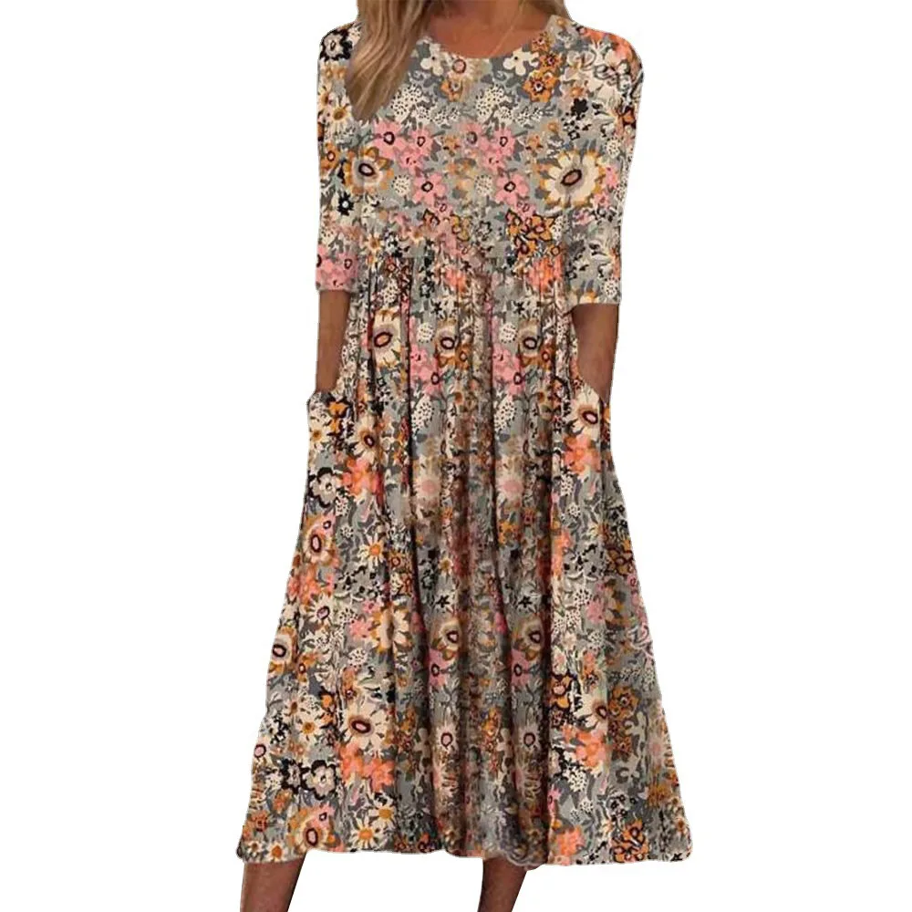 

Spring Summer Printed round Neck Casual Set Loose Long Dress with Pockets Middle Sleeve Cross-Border Women's Fashion
