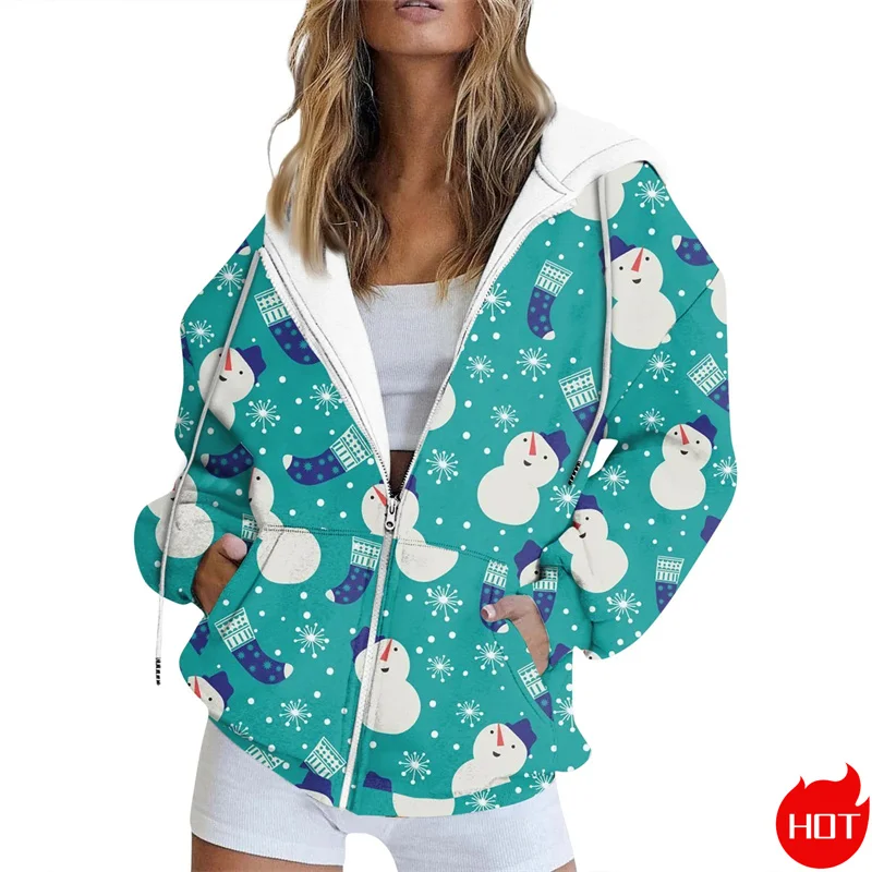 Vintage 3D Happy Christmas Printed Zip Up Hoodies Xmas Snowflakes Graphic Zipper Sweatshirts Fashion Women Clothing Zip Pullover