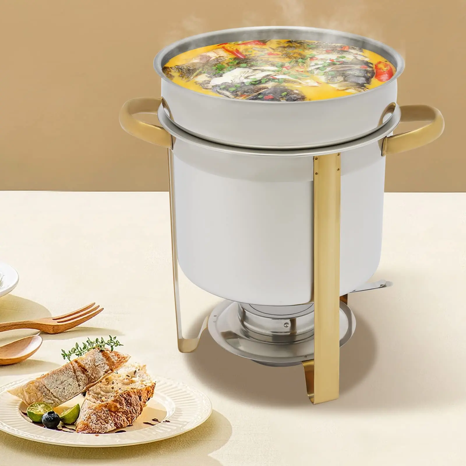 Estação de chafer de sopa de aço inoxidável de 7,4 qt, aquecedor comercial de chaleira de sopa, aquecedor de grau comercial dourado/prateado para catering, peça
