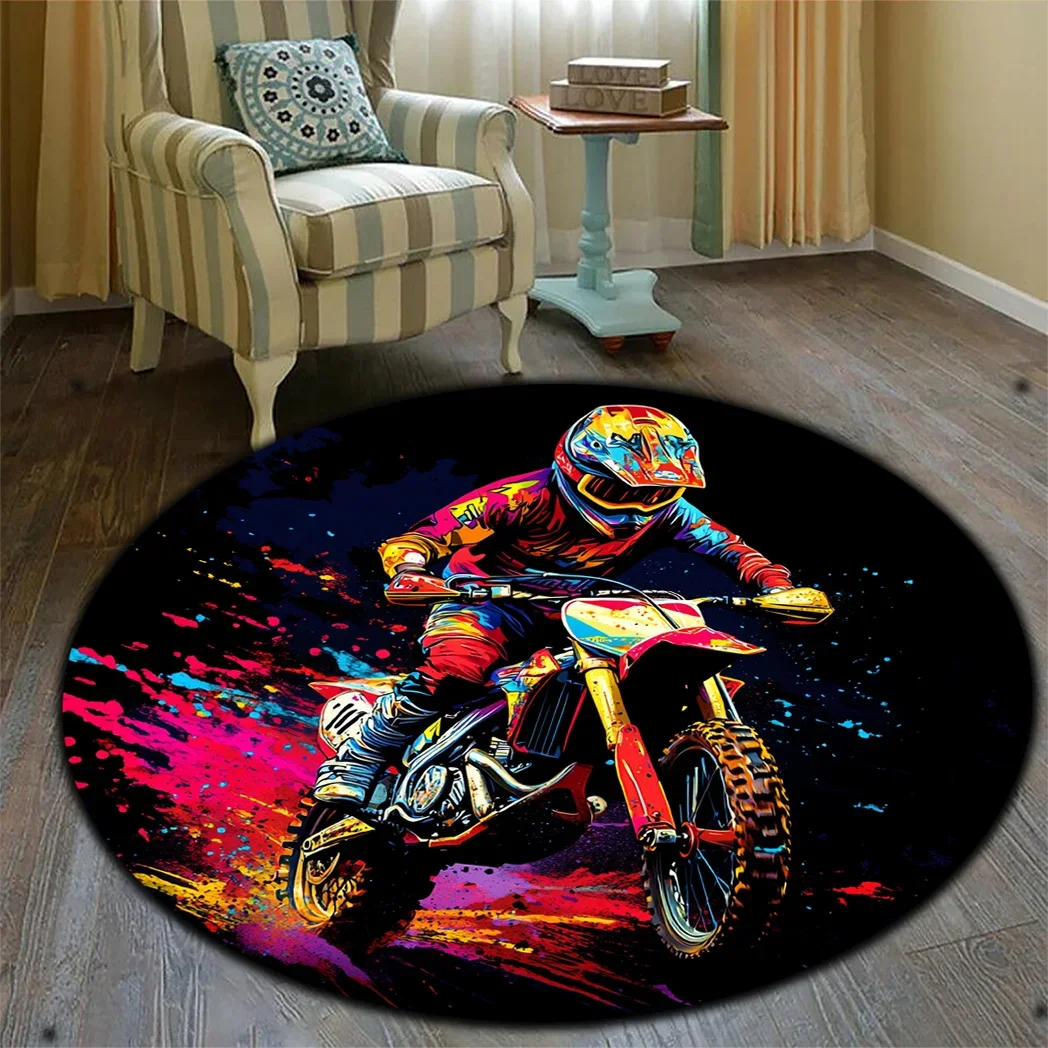 Vibrant Motorcycle Rider Art Round Doormat Entrance Mat for Garage Patio Outdoor Home Decor Gift