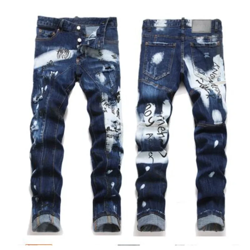 

Men High Street Strench Fit Jeans New Fashion Italian Style Blue Ripped Streetwear Denim Jeans Male Slim Long Jeans Trousers 38