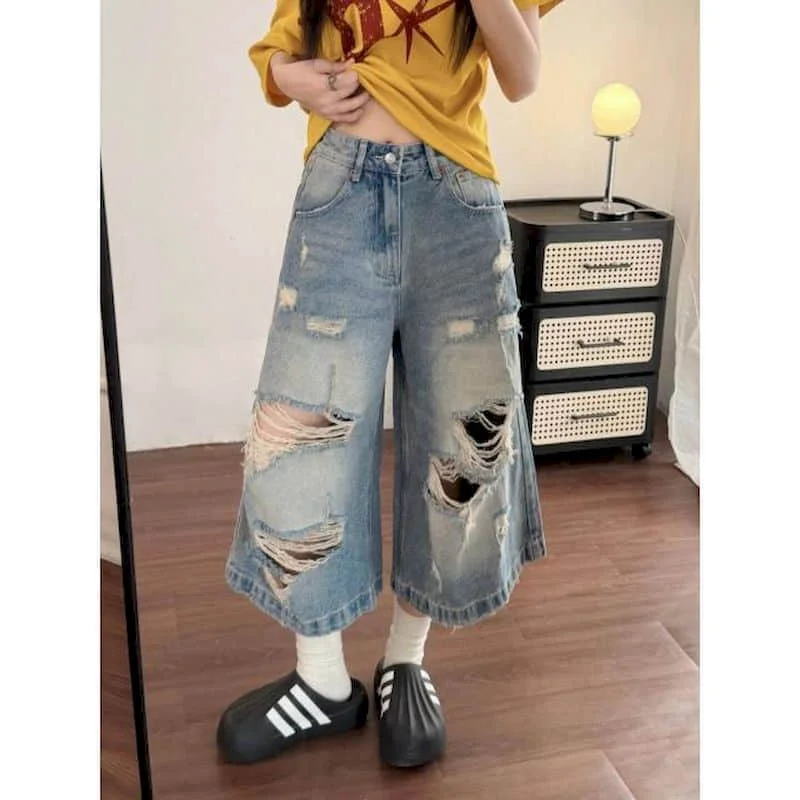 

Denim Wide Leg Pants Loose 2026 Summer Large Size Capri Pants American Ripped Jeans Vintage Sweatpants Women Baggy Y2k Clothes