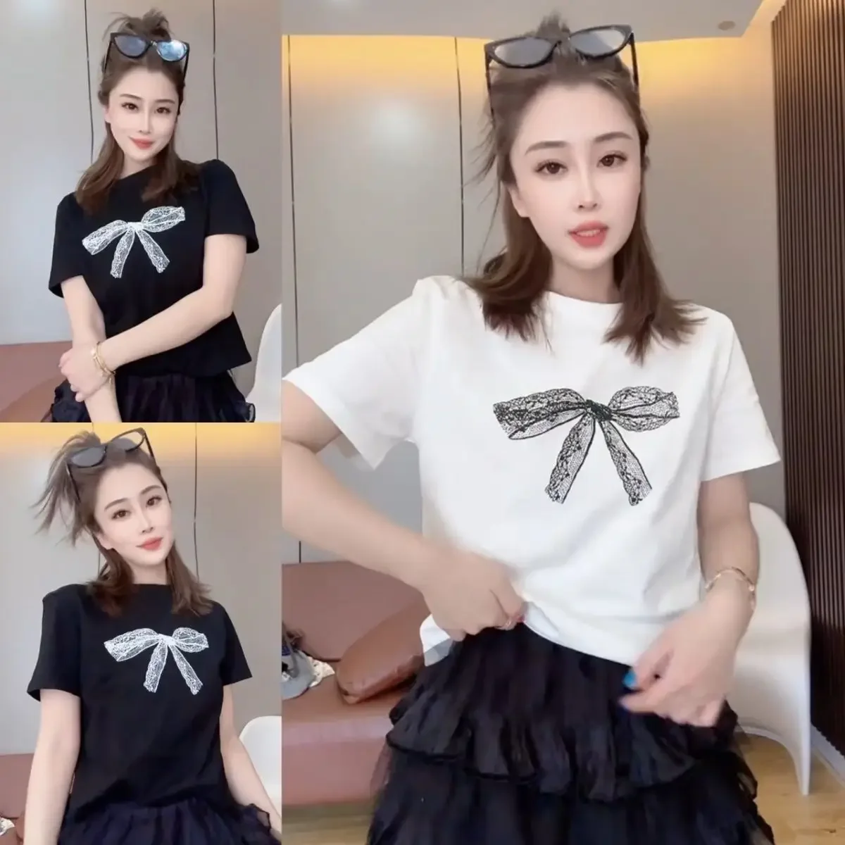 2024 Hot Selling Women's Luxury Brand Classic Bow Printed Cotton T-shirt Summer Outdoor Beach Style Korean Street Top