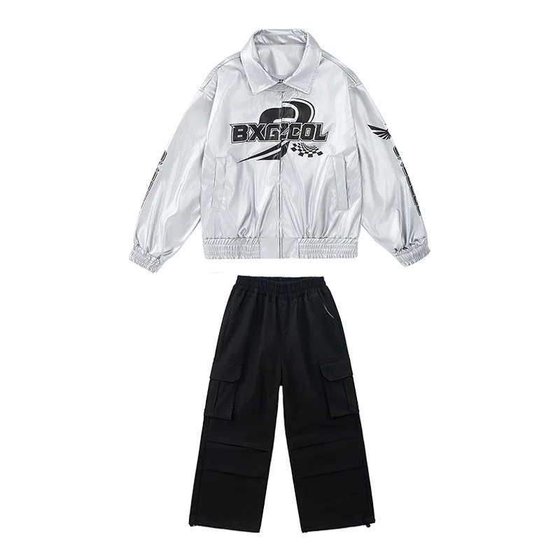 Mädchen Hip Hop Tanzen Performance Outfits Jungen Silber Jacke Street Wear Kpop Show Sets Gruppe Jazz Dance Kostüme Mantel Hosen