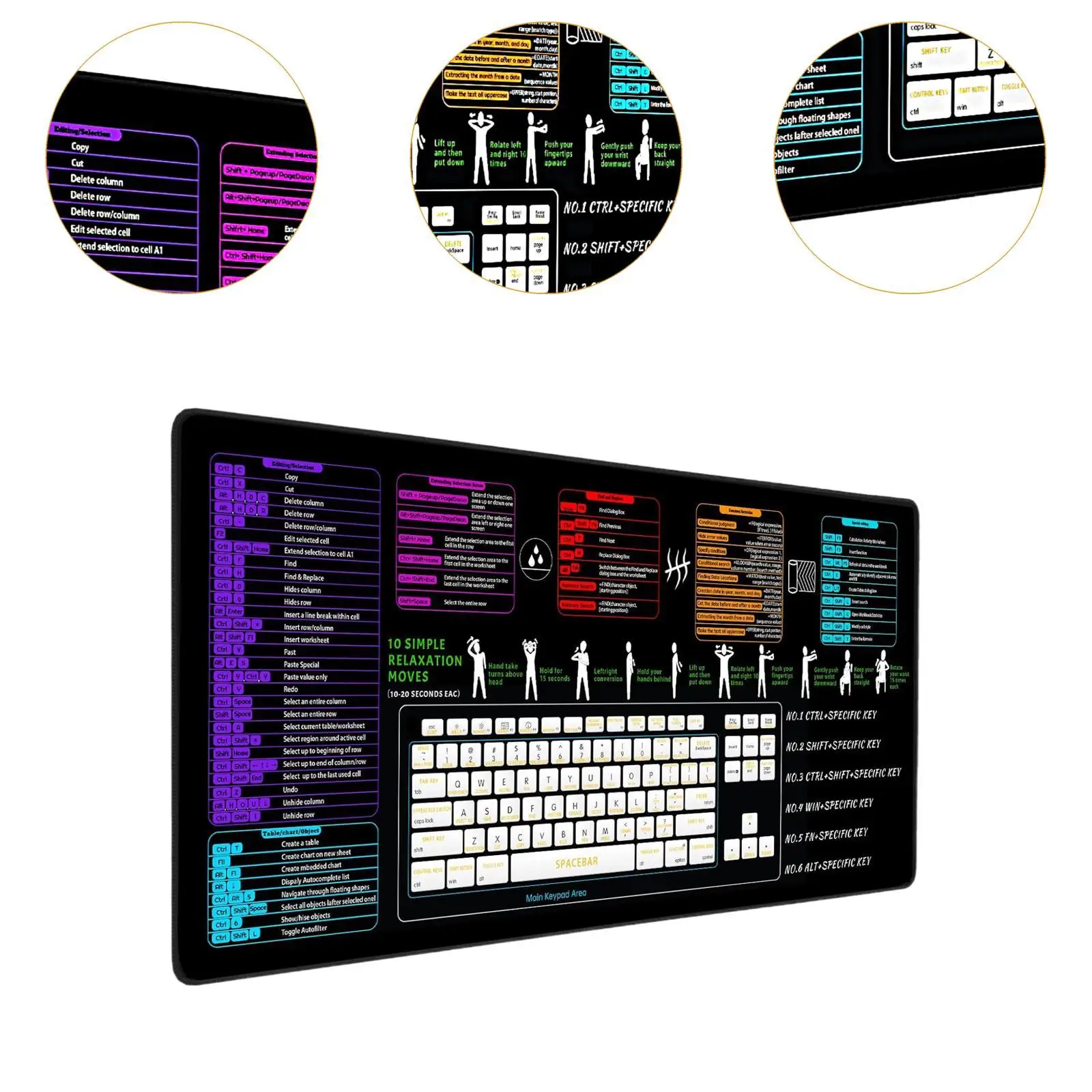 Excel Shortcut Keys Mouse Pad Extended for Home and Office Keyboard Mat