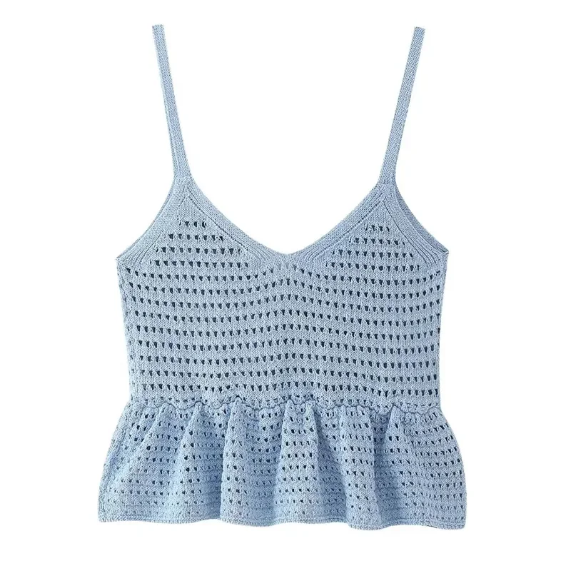 TRAF Knitted Crop Top Woman Blue Cut Out Tops With Straps Summer Backless Sexy Camisole Top Female Sleeveless Ruffle Beach Top