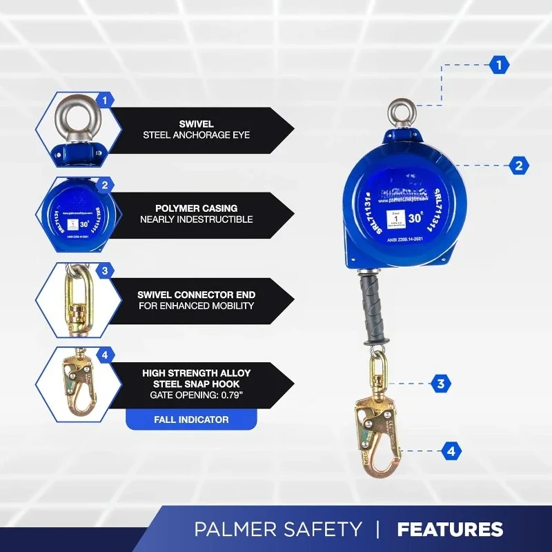 30 قدم. خط الحياة ذاتي التراجع I ANSI Z359.14-2021 فئة 1 I SRL كابل مجلفن علوي دوار لجهاز #2
