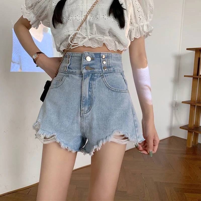 Summer Women's Denim Shorts Fashion Double Buttons Tassel Short Pants Woman Korean Style High Waist Distressed Wide Leg Shorts