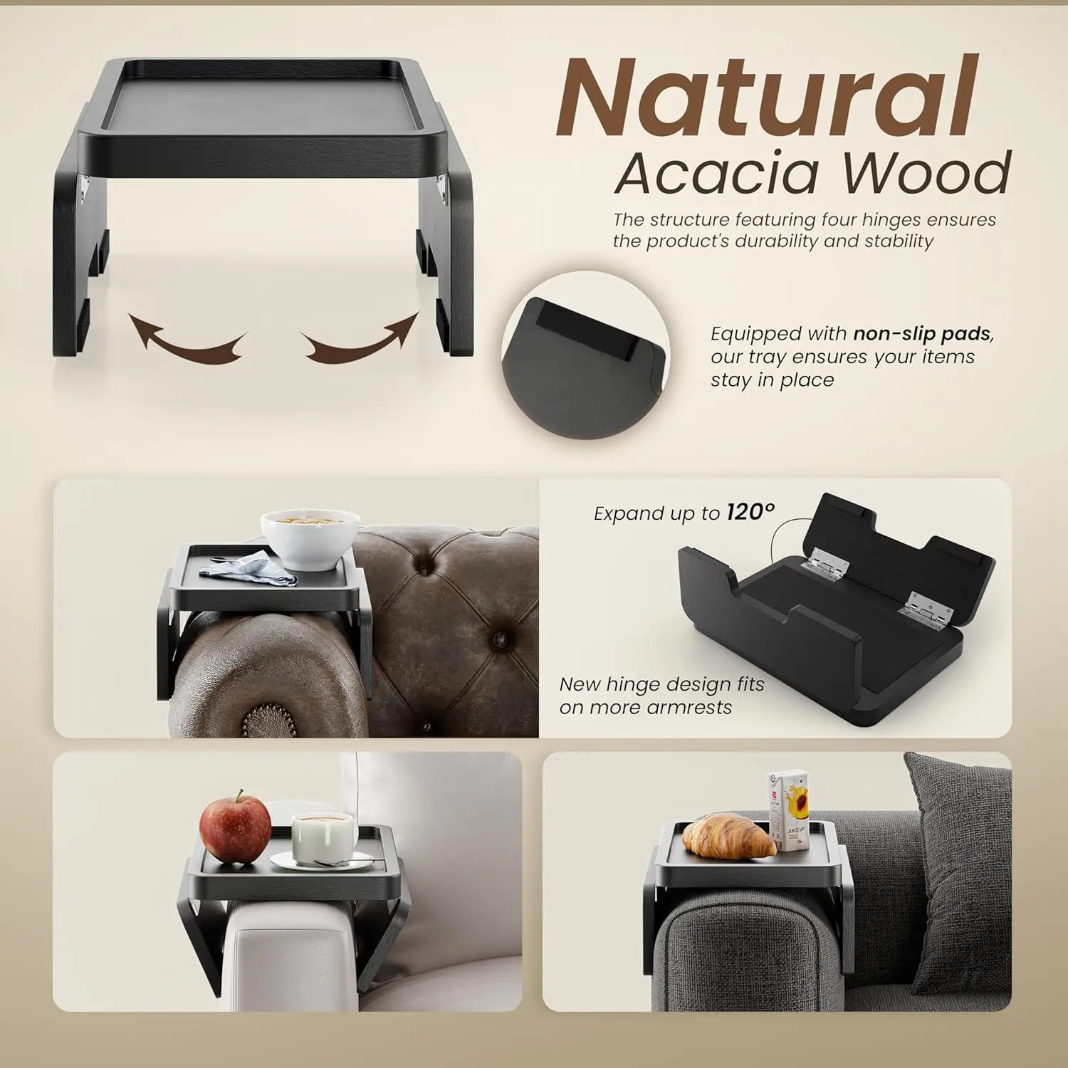 Sofa armrest tray Sofa armrest tray table clip-Sofa side table-wooden side table for eating and drinking (black)