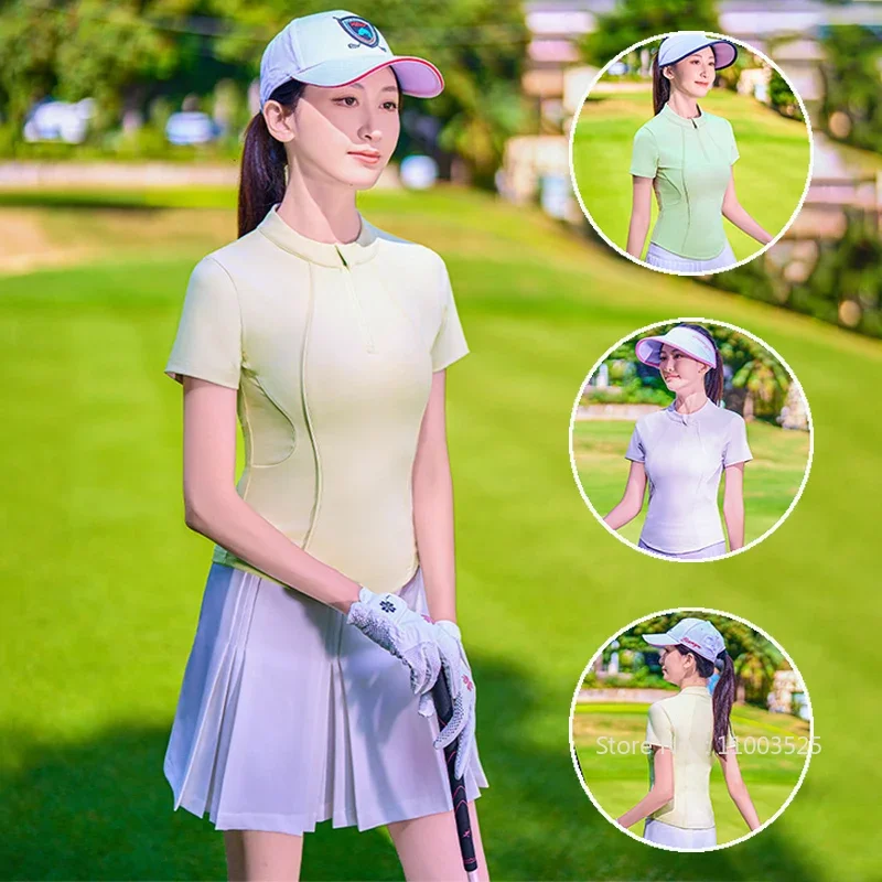 

TTYGJ New Golf Clothing Women Zipper Collar Round Neck Shirt Sports Comfort Breathable Tops Ladies Short Sleeve Golf T-shirt