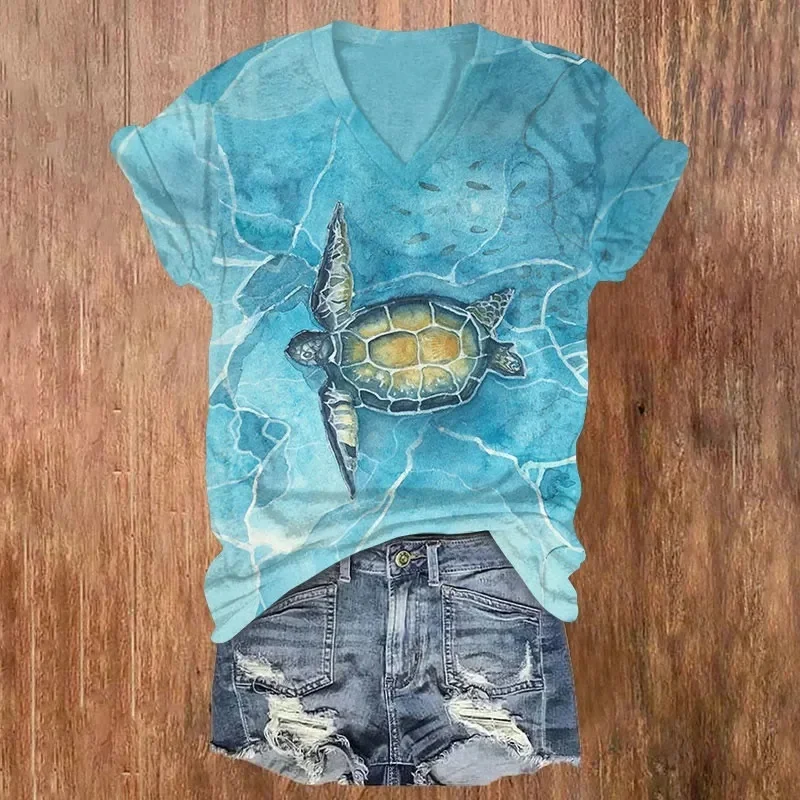 Women's V-neck T-shirt Ocean Deep-Water Sea Turtle Pattern Art Print Casual T Shirts Summer Tops