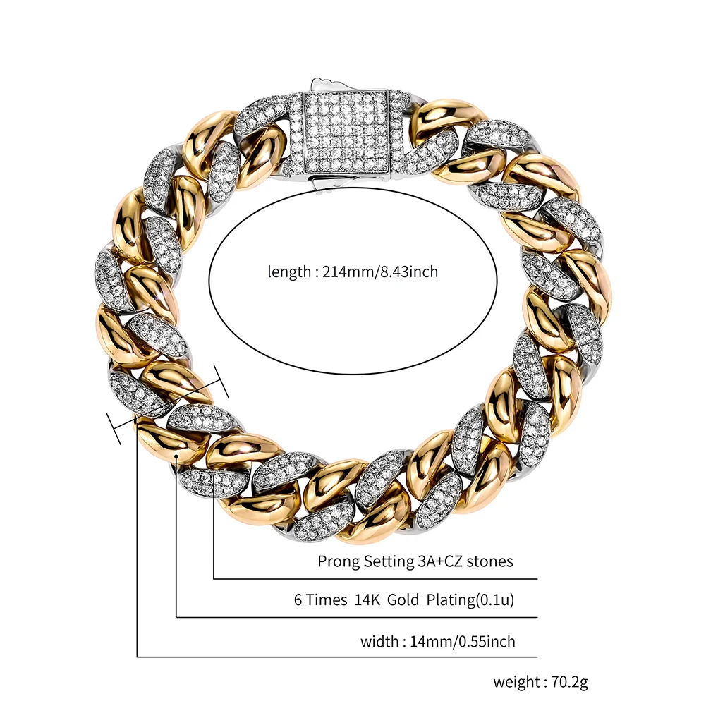 TOPGRILLZ New 9/14MM  Cuban Chain Bracelet With Gold Silver Color Spring Clasp Bling Iced Out CZ Jewelry Gift For Men Women