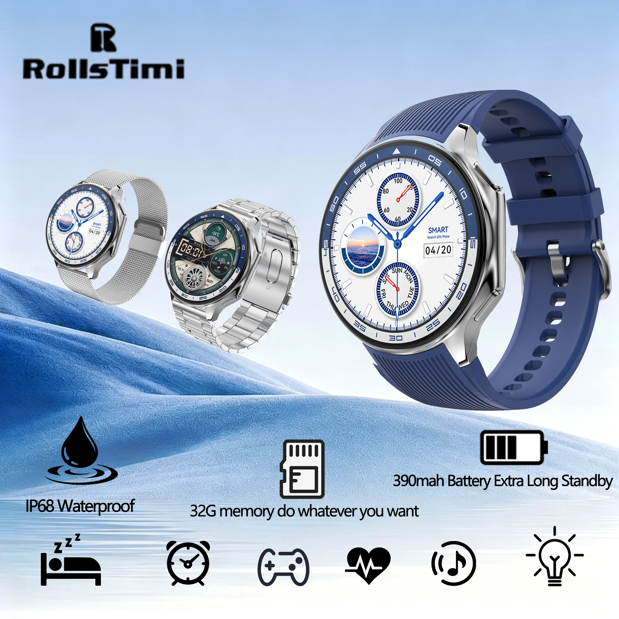 

Умные часы ROLLSTIMI для мужчин и женщин, для активного отдыха, IP68, многофункциональные, с поддержкой нескольких языков, голосовым помощником, играми, музыкой и спортивными функциями