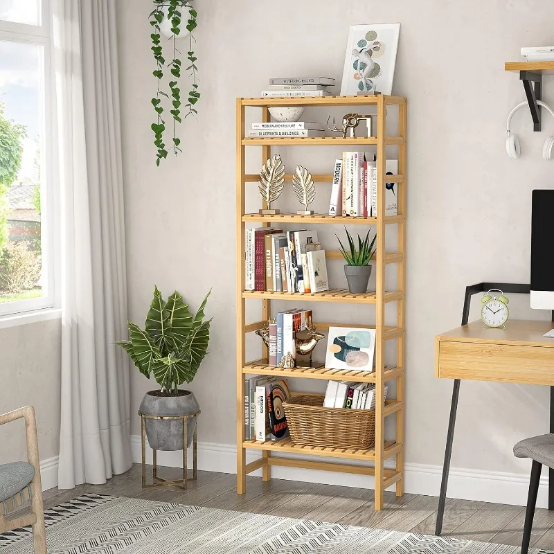 6-Tier Bamboe Boekenplanken, Verstelbare 63.4 "Hoge Ondiepe Boekenplank Organizer Rack, Vrijstaande Opslag Rekken