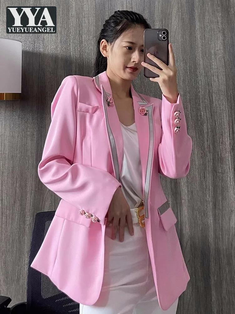 Fashion Office Ladies Pink Blazer Suit Jacket Sweet Flowers Designer Women Casual Blazer Tops Spring New Loose Fit Work Coats