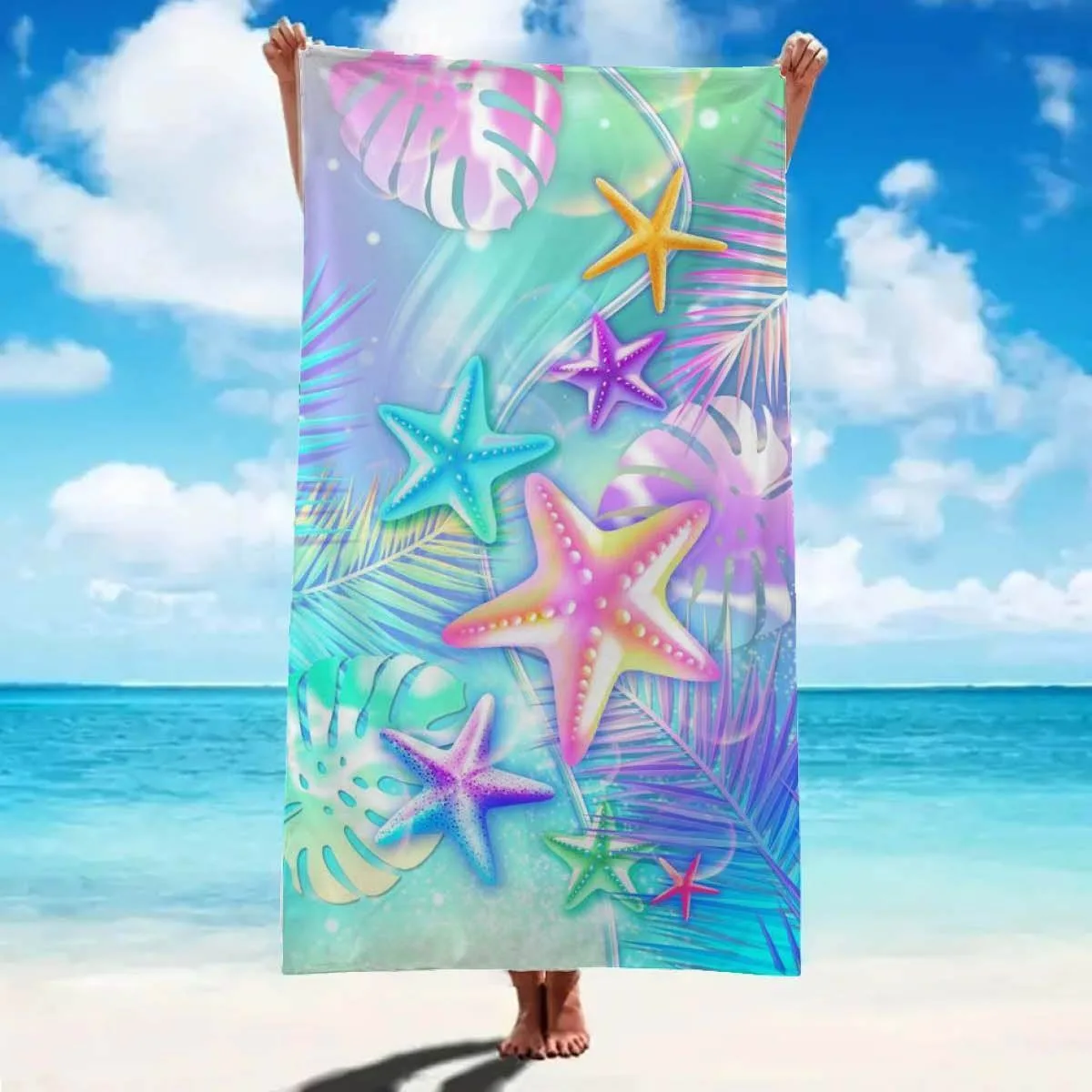 1-Pack Colorful Starfish Beach Towel - Large Quick-Dry Polyester Microfiber, Sand & Sun Protection, Lightweight