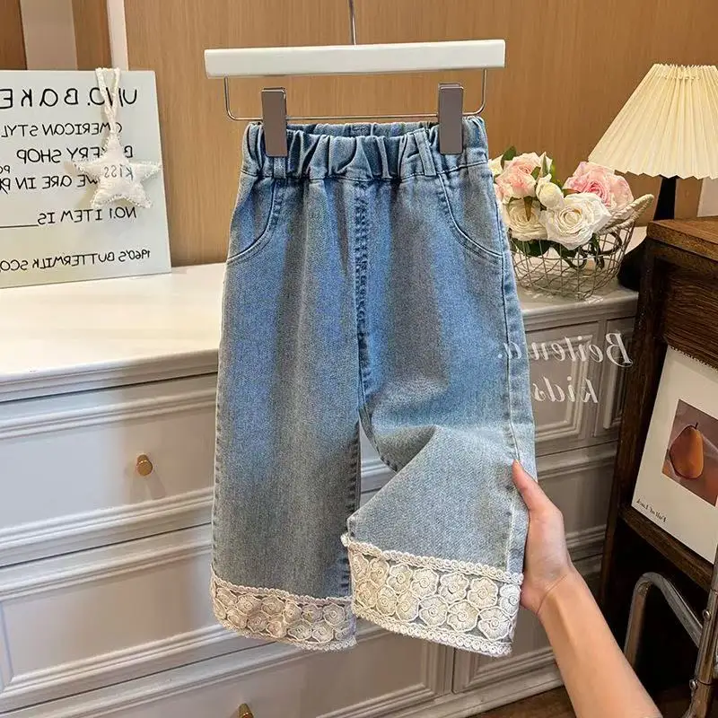 

New Spring Fall Kids Girls Denim Trousers Korean Fashion Cute Lace Decor Straight Leg Casual Jeans for 90-140cm