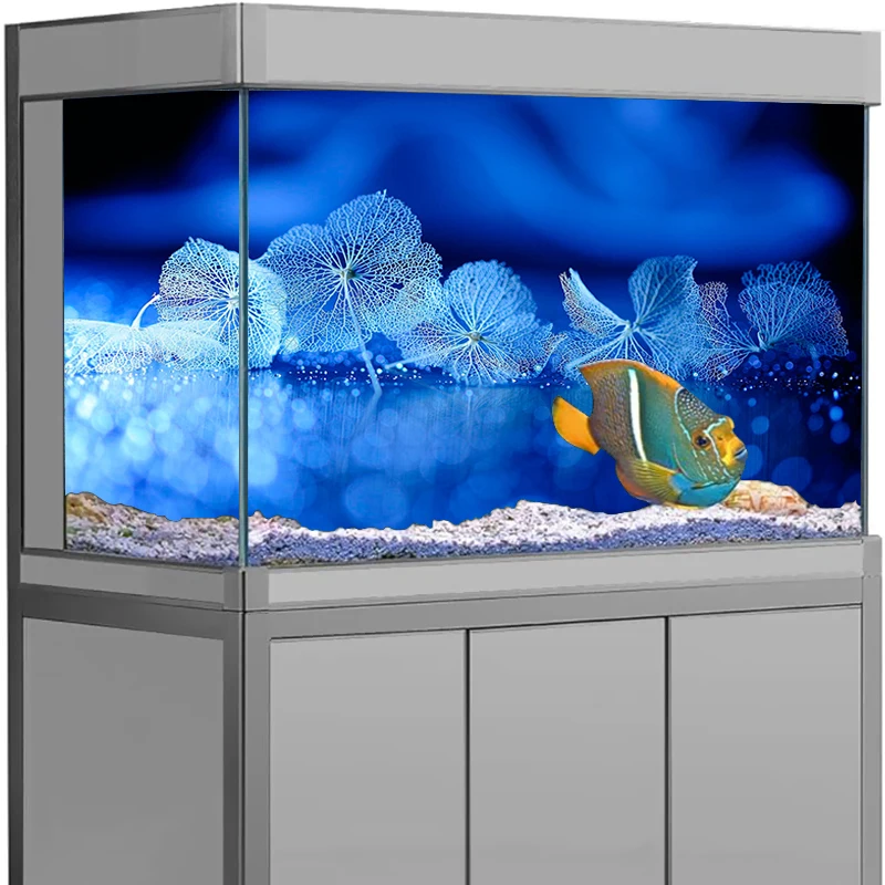 Fish Tank Decor Aquarium Background Sticker, Blue Flower Poster Fish Tank Backdrop Decorations PVC  aquarium accesories