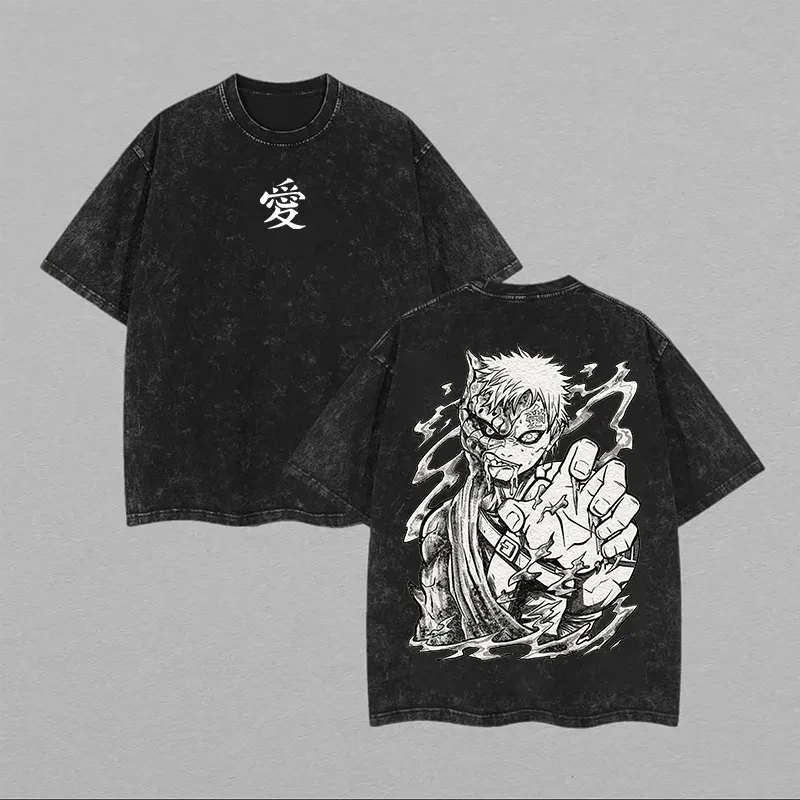 

Gaara T Shirt Naruto Men Acid Wash Back Print Shukaku Anime Graphic Cotton Streetwear Kazekage Love Kanji Vintage Bootleg Tee