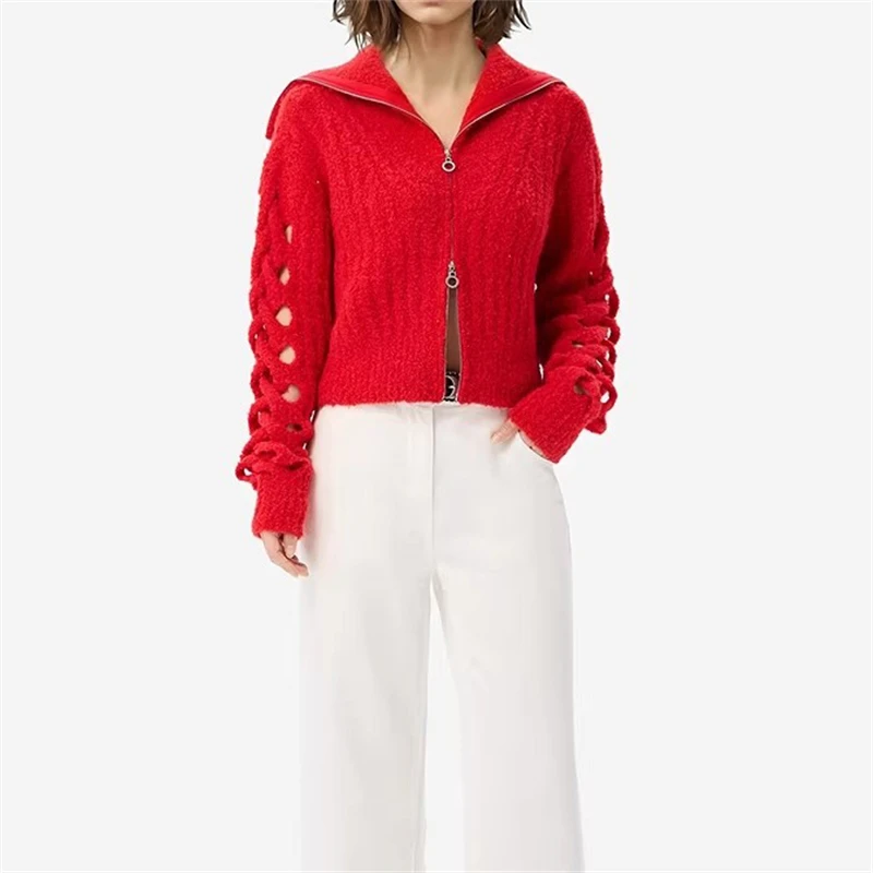 

Весна 2026: Красный вязаный кардиган с воротником на шнуровке, высококачественный, в стиле Y2K, повседневный, с оригинальным дизайном на молнии