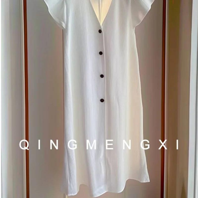 夏春白 V ネックドレス女性韓国ファッションフライングスリーブシングルブレストストレート Vestidos ルーズカジュアルミディドレス