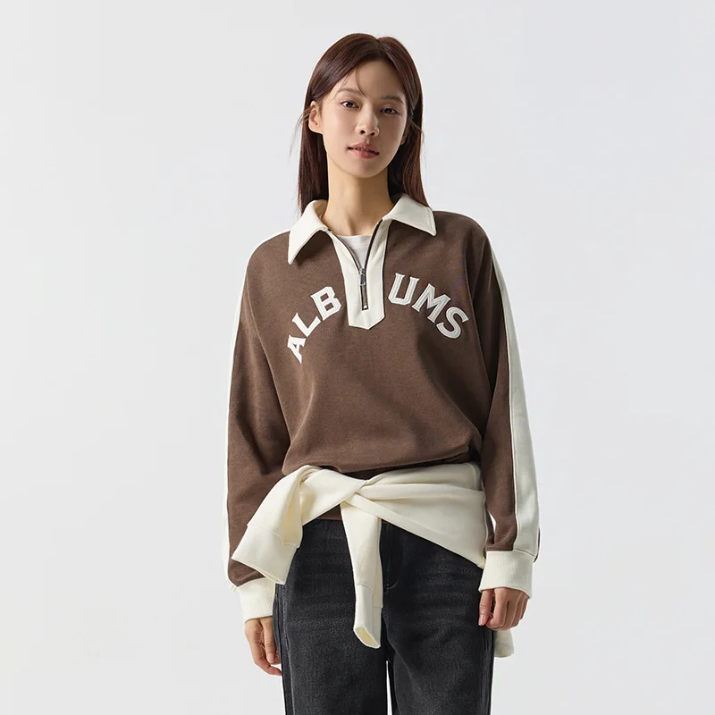 Semir Sweatshirt Women Polo Collar Letter Loose Winter Colorblock Fleece Retro Top