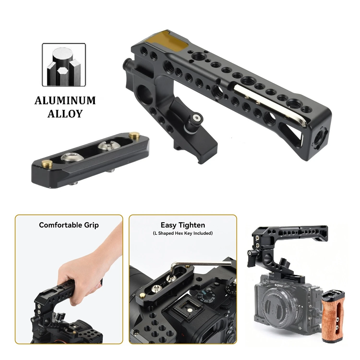Camera Top Handle Grip Kit with 48mm NATO Rail, Ergonomic Camera Cage Aluminum Alloy Handle for Video Recording &Low Angle Shots