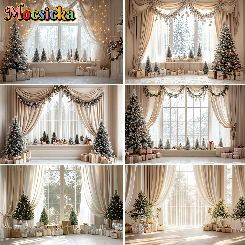 

Photography Background Winter Christmas Kitchen Window Forest Xmas Tree Kids Family Portrait Decor Backdrop Photo Studi