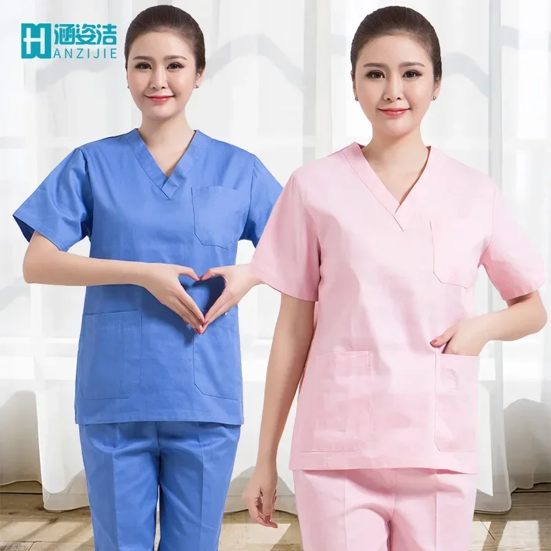 Handwashing clothes V-neck set, short-sleeved brush handclothes, cotton anti-static isolation clothes, pet hospital work clothes