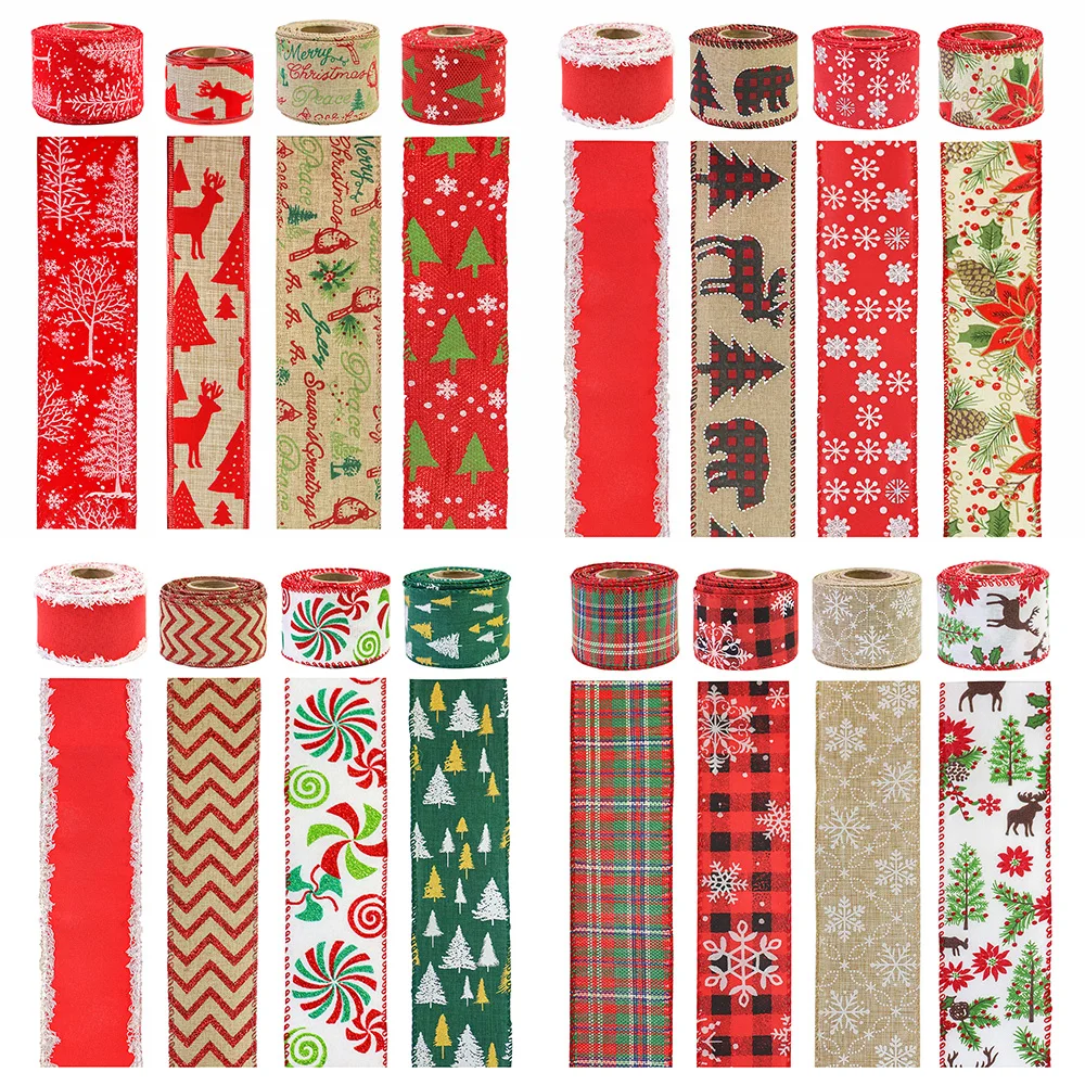 24Yards Christmas Combination Burlap Jute Ribbon Roll Christmas Tree Wired Edge Ribbon For Gift Packaging Christmas Decoration