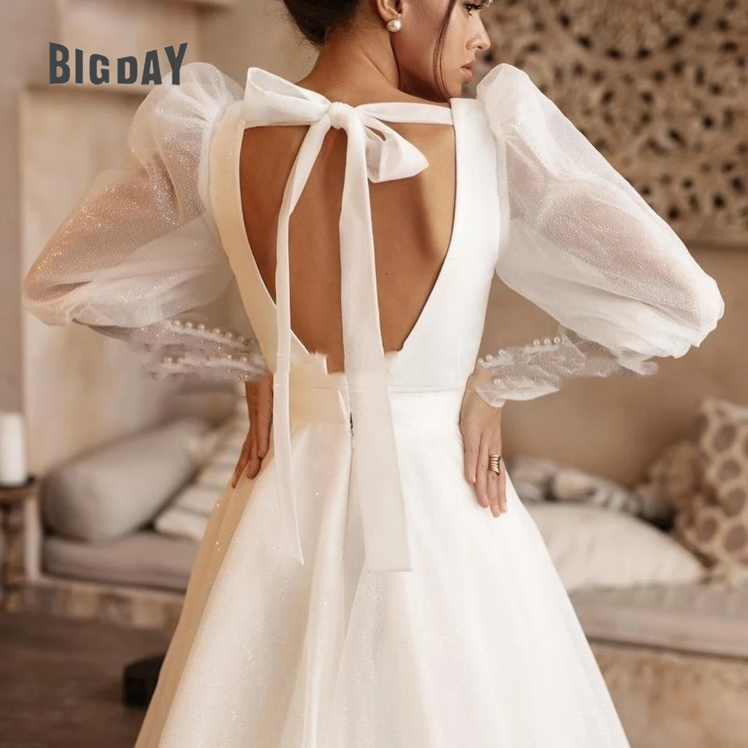 Elegant Short Wedding Dress For Woman 2024 Open Back Chiffon V-Neck Long Sleeve Bowknot Bridal Gowns Mid-Calf Vestidos De Novia