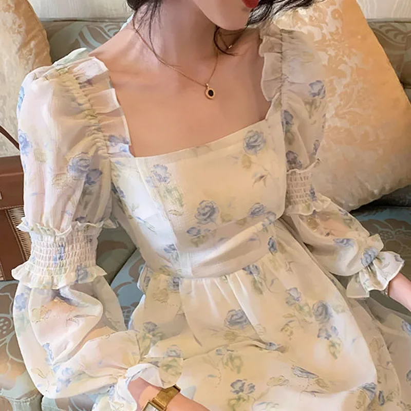 

Korea One Piece Dress Fairy Floral Midi Dress Women Puff Sleeve Elegant Vintage Dress Female Party Dress 2021 Summer Office Lady