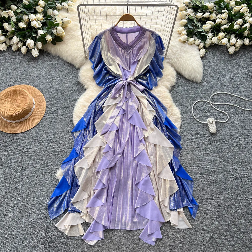 

Women Pleated Dresses Solid Regular Dress Casual Ruffle Lace Up Spliced Sleeveless V Neck Ankle Length Waist Vestidos Summer