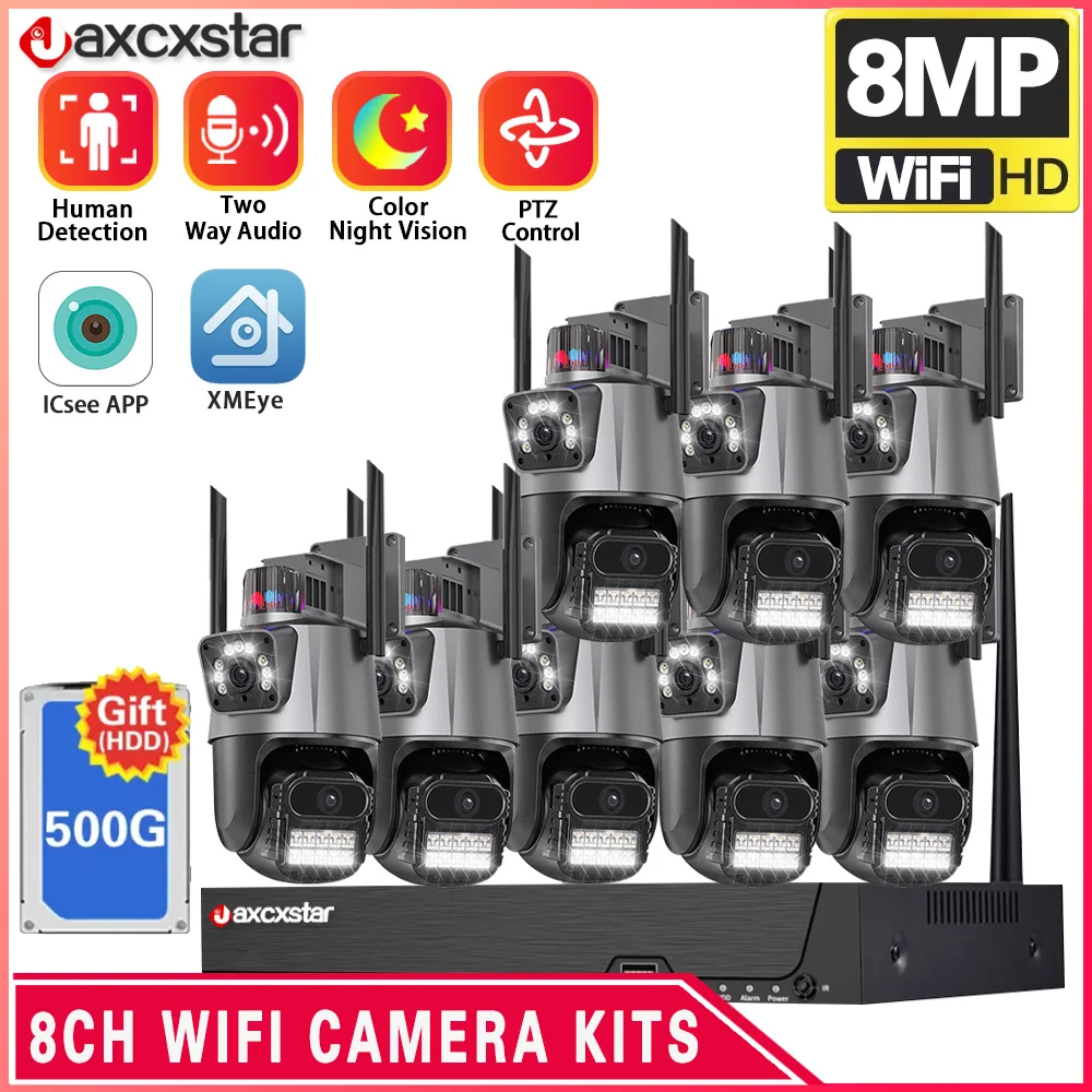 Wifi Surveillance Cameras System 8CH WIFI NVR 4K HD Waterproof Outdoor Wireless Security Camera Kit PTZ Two Way Audio ICSee APP