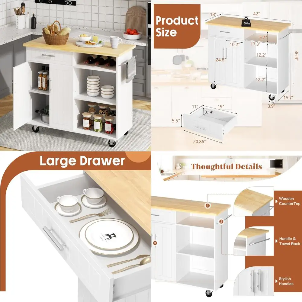 عربة جزيرة المطبخ مع خزانة أرفف للتخزين، عربة مطبخ متنقلة مع مقبض رف المناشف لتوظيفية محسنة #1