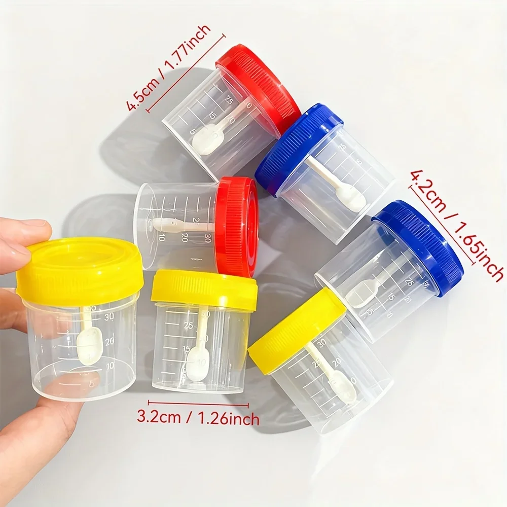 Portable 40ML Urine & Feces Specimen Cups, Red/Yellow/Blue Lab Test Sample Containers with Sampling Spoons for Medical Use 16PCS